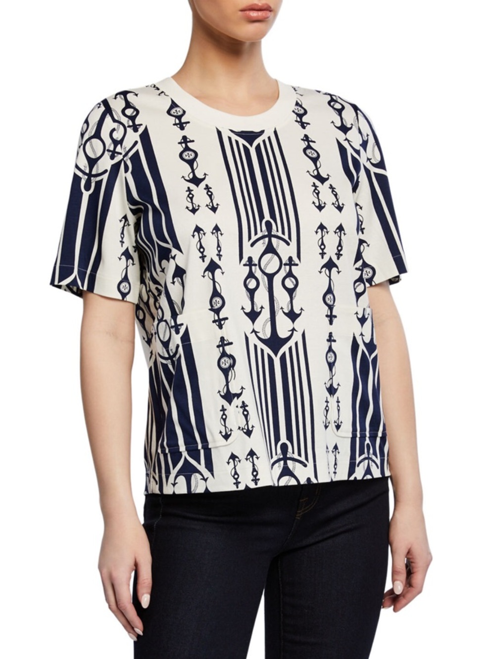 TORY BURCH, Anchors T-shirt Short Sleeves Big Front Patch Pockets, Size Medium
